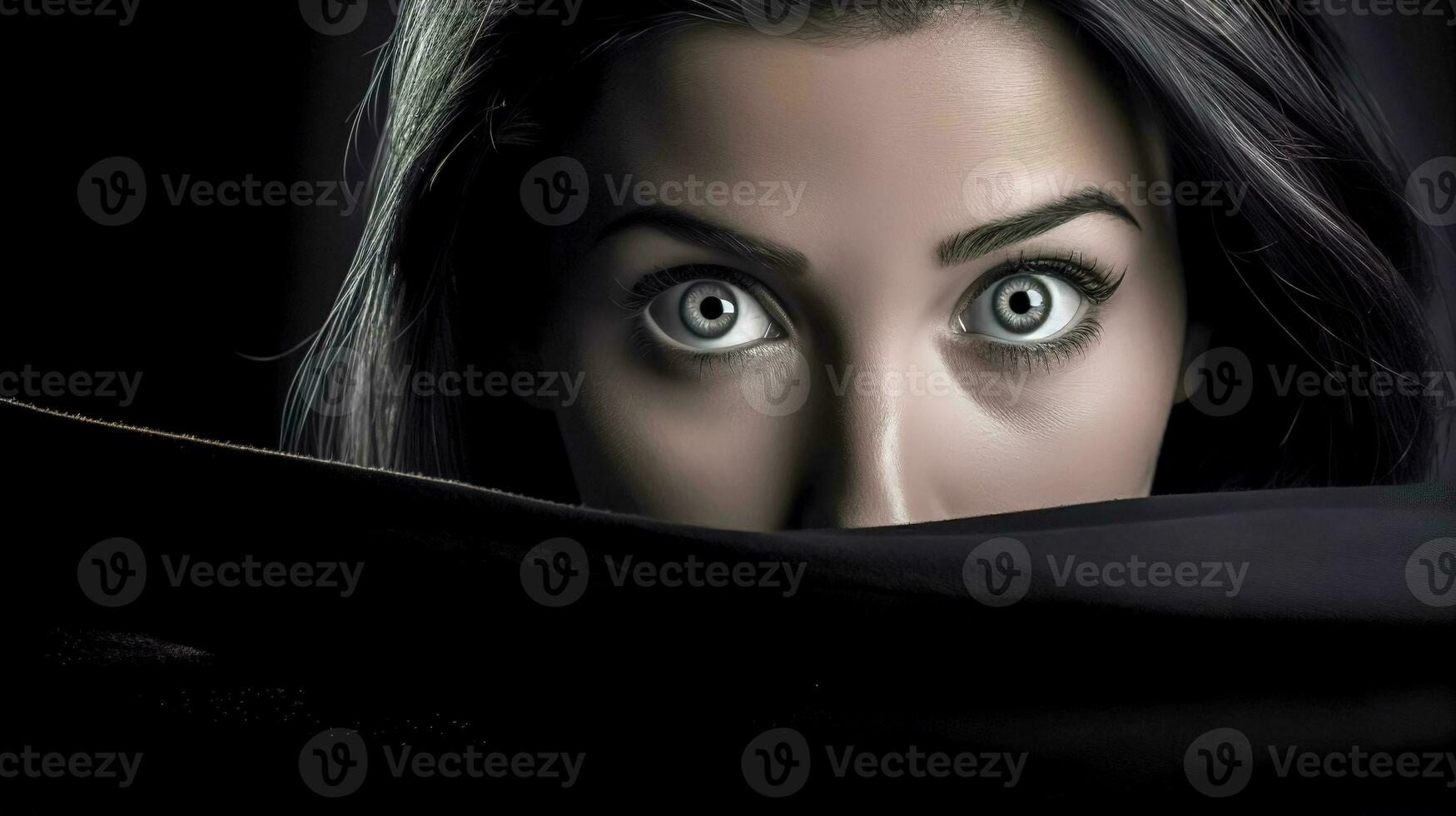 ai généré intense yeux de une femme peering plus de une foncé bord. photo