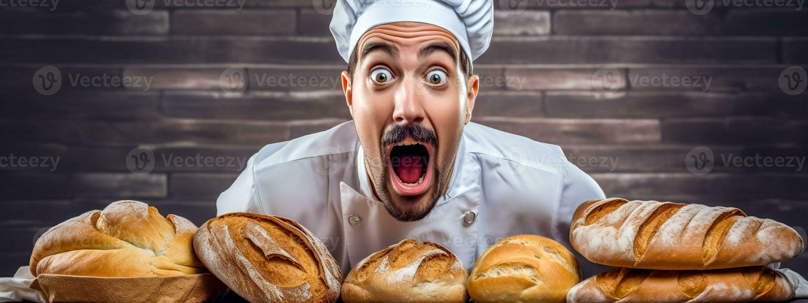 ai généré une boulanger dans blanc du chef tenue regards dans admiration, entouré par un tableau de fraîchement cuit pain, le sien visage une image de surprendre, peut-être à le parfait monter de le sien dernier lot photo