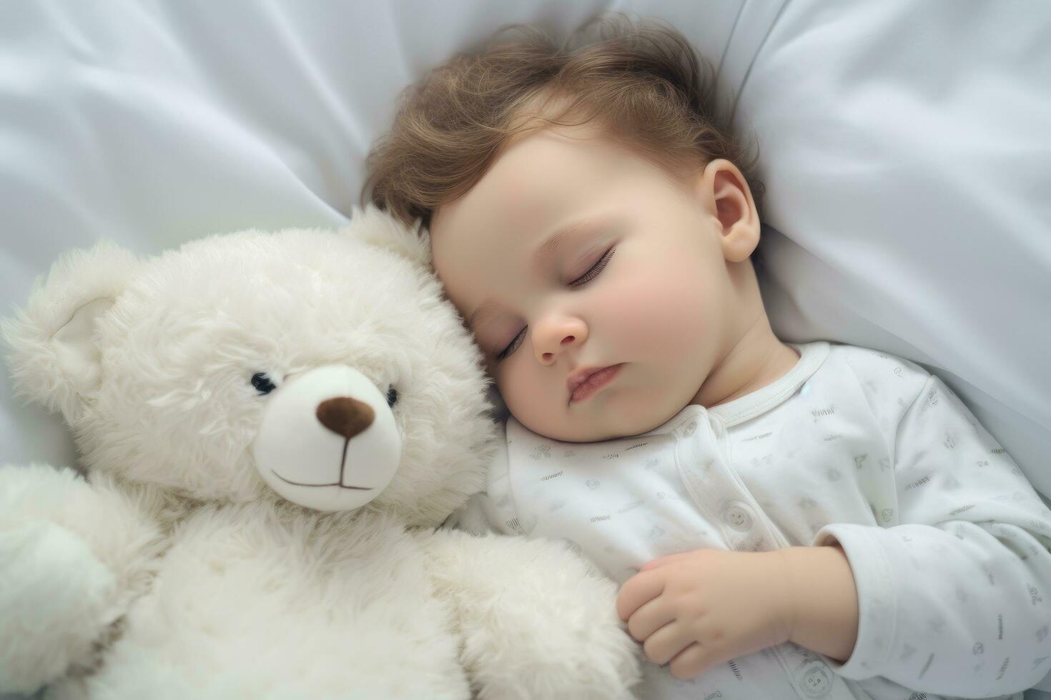 ai généré mignonne peu garçon en train de dormir avec nounours ours sur blanc lit à maison, ai généré photo