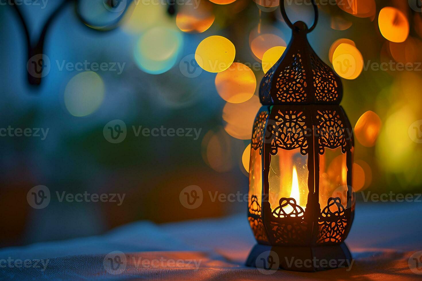ai généré ornemental arabe lanternes. étincelant d'or bokeh lumières sur le table photo