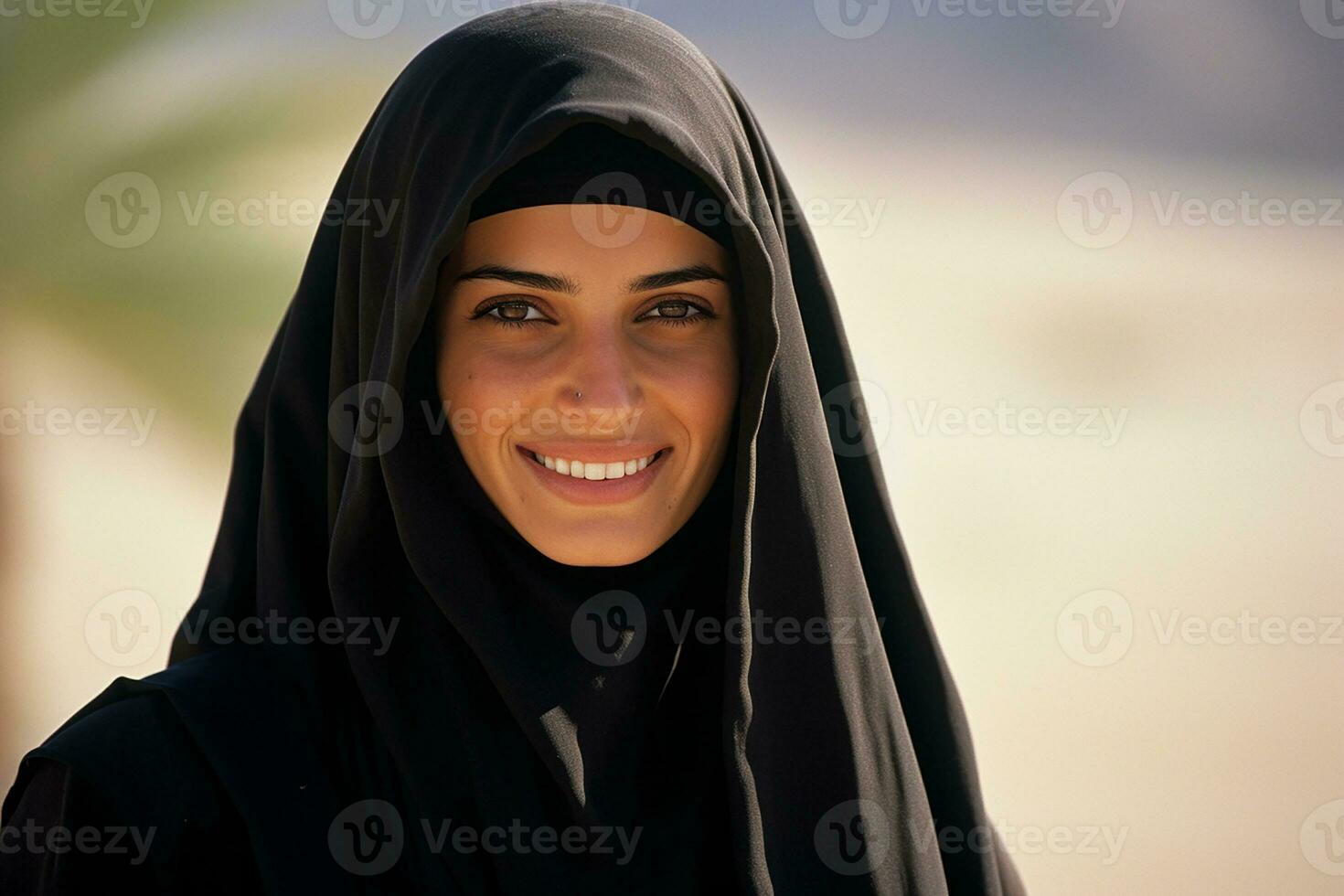 ai généré portrait de une magnifique musulman femme portant hijab posant en plein air génératif ai photo