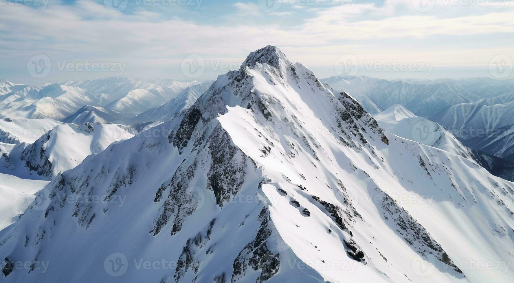 ai généré panorama de le montagnes, vue de le Haut de le montagne, neigeux montagne, neige couvert montagnes dans hiver photo