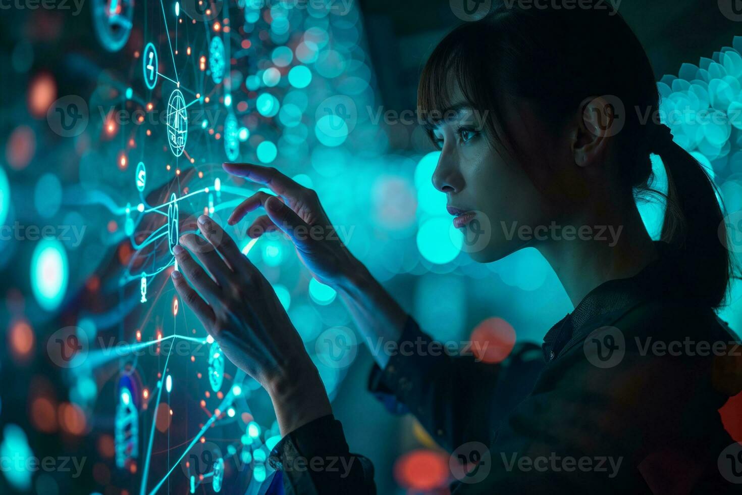 ai généré une la personne interagir avec une holographique interface de social réseau Icônes et Connexions, symbolisant le Avancée et interconnecté la nature de moderne social médias photo