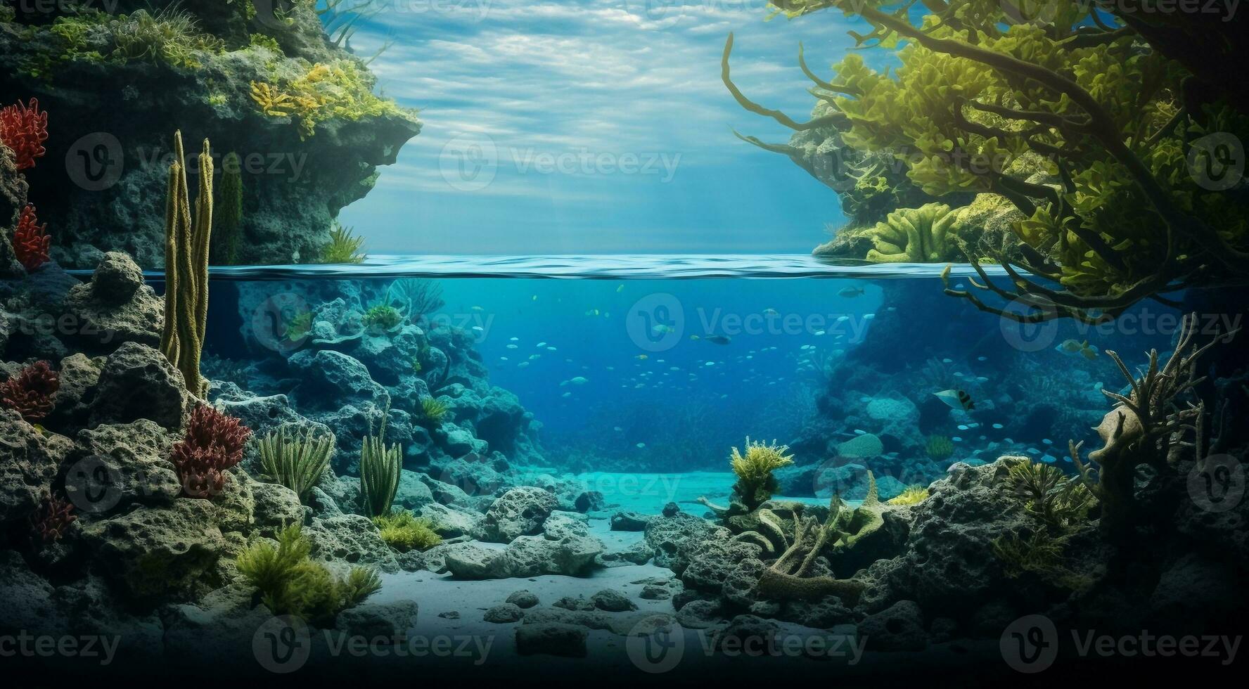 ai généré Haut vue de le mer, océanique voir, corail bleu l'eau photo