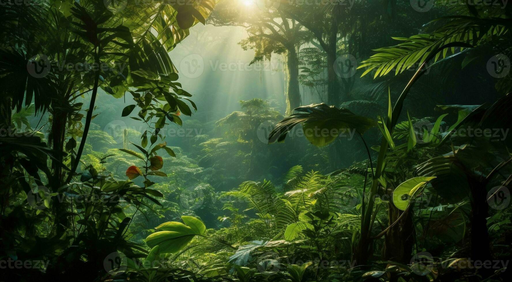 ai généré paysage avec des arbres, forêt voir, tropical forêt voir, les plantes et des arbres photo