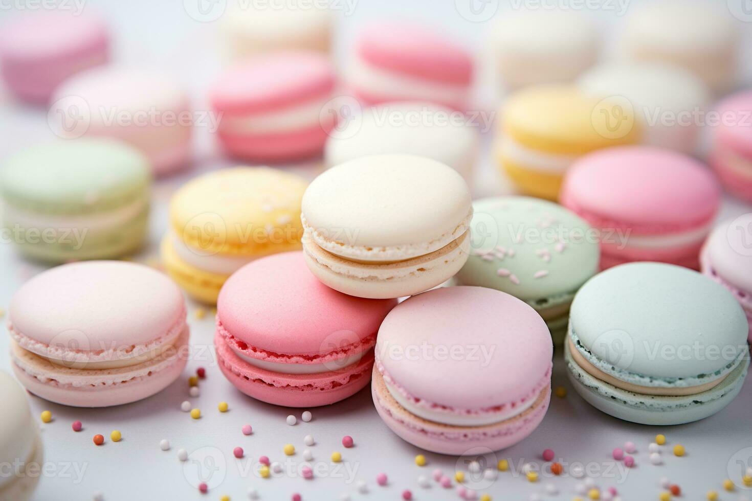 ai généré variété pastel Couleur fermer français macarons sur flou Contexte et perles sucré et dessert, coloré français desserts bannière avec espace de copie. généré ai photo