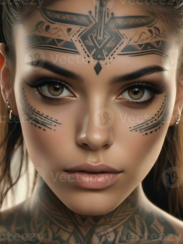 ai généré portrait de une femme avec une corps plein de artistique tatouages photo