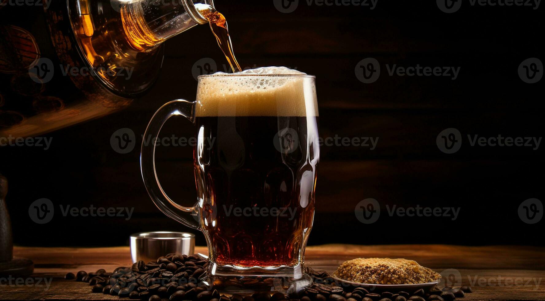 ai généré verre de Bière sur abstrait arrière-plan, Bière fond d'écran, verre de Bière dans le sombre, Bière avec mousse, alcoolique boisson sur foncé Contexte photo