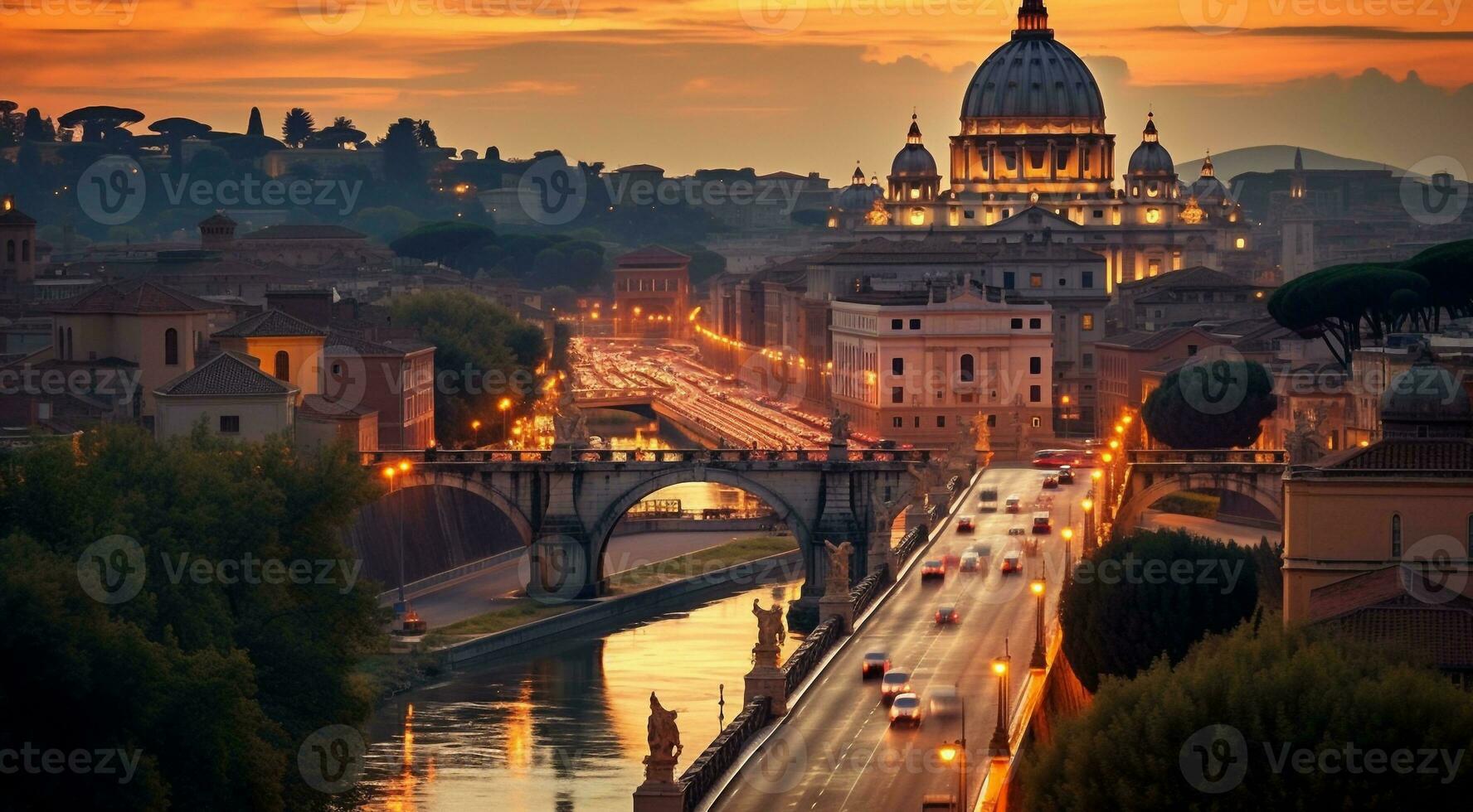 ai généré panoramique vue de Rome, panoramique vue de antique ville Rome, Haut vue de le ville photo