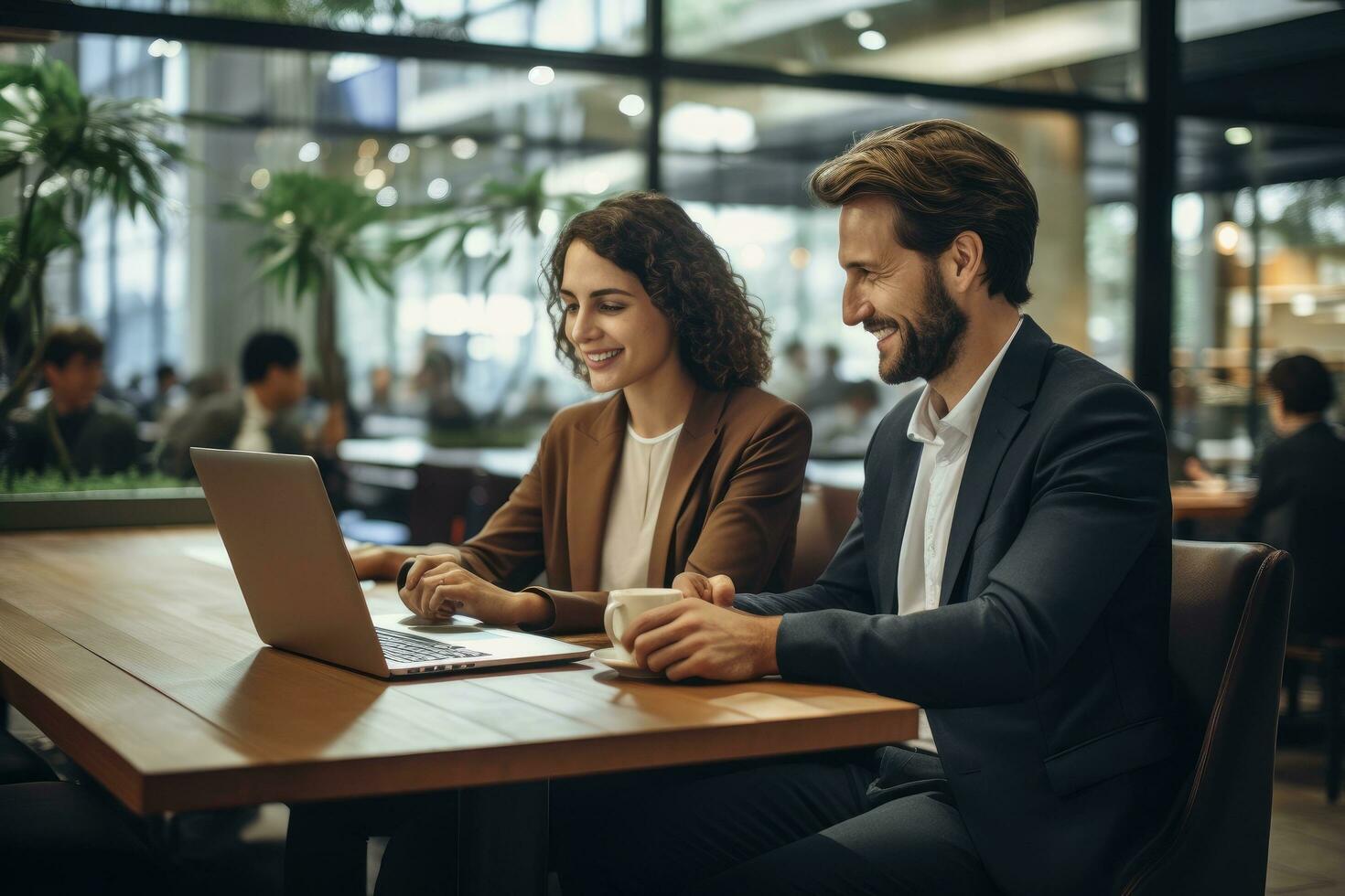 ai généré affaires gens travail sur portable dans café. homme d'affaire et femme d'affaires travail ensemble, homme d'affaire et femme d'affaires travail ensemble avec portable dans bureau, ai généré photo