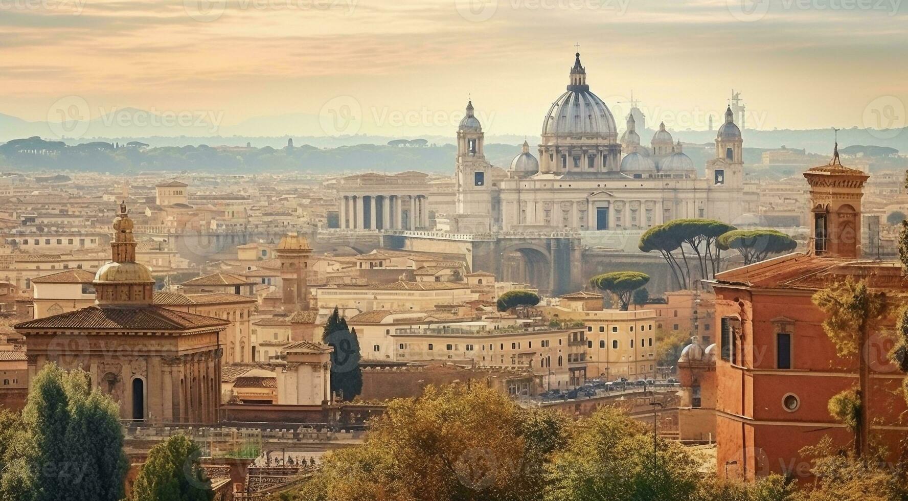 ai généré panoramique vue de Rome, panoramique vue de antique ville Rome, Haut vue de le ville photo