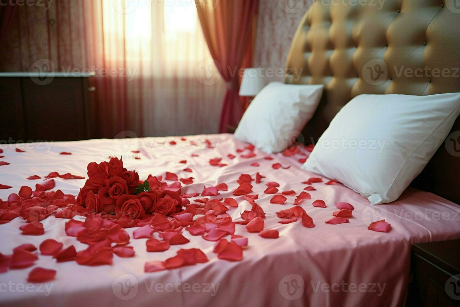 ai généré romantique ambiance Rose pétales épars sur une lit dans une Hôtel pièce ai généré photo