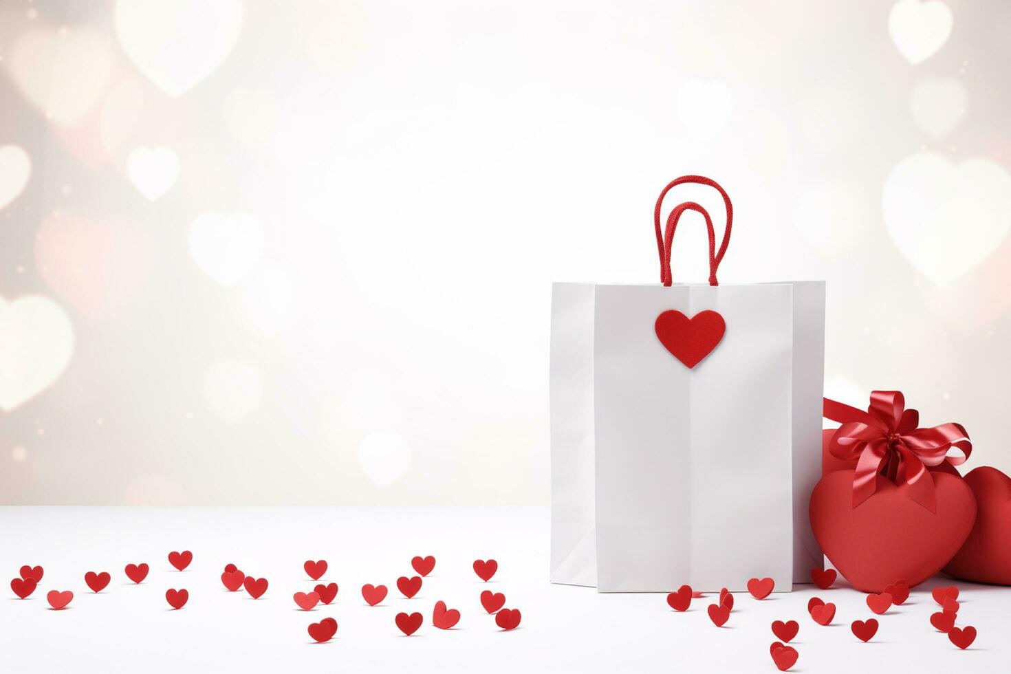 ai généré papier achats sac avec rouge cœurs. la Saint-Valentin journée concept. 3d le rendu généré ai photo