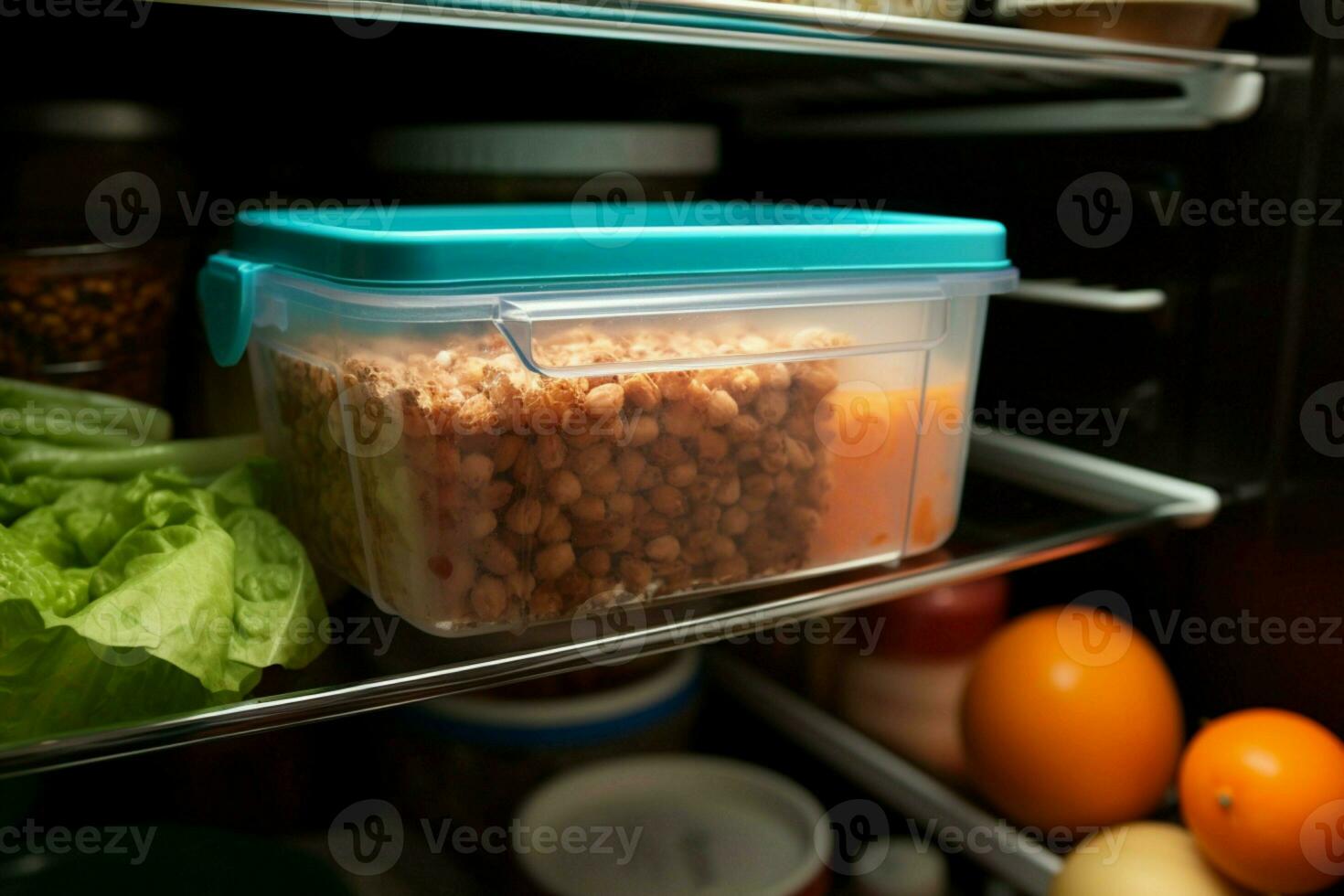 ai généré Frais de le frigo prise en dehors une nourriture récipient pour une délicieux traiter ai généré photo