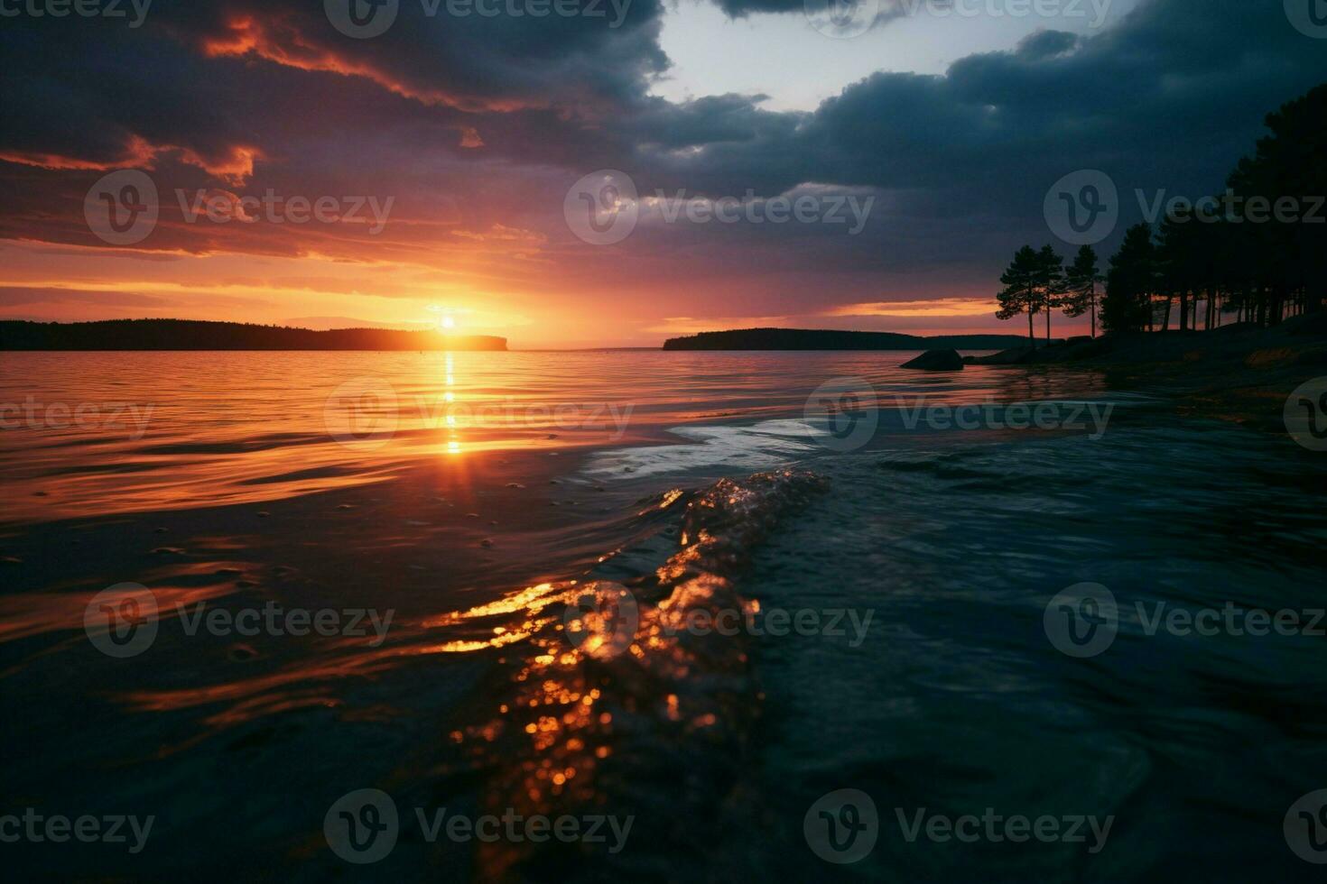 ai généré soir teintes une Stupéfiant le coucher du soleil moulage une chaud lueur sur le paysage ai généré photo