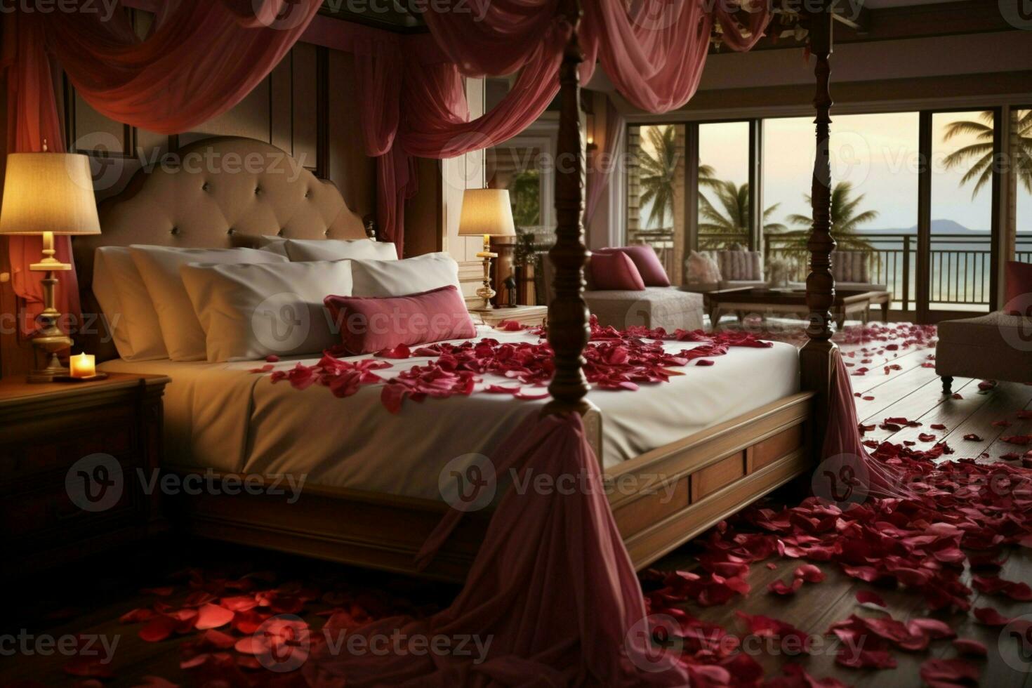 ai généré Hôtel romance lit orné avec Rose pétales création une romantique réglage ai généré photo