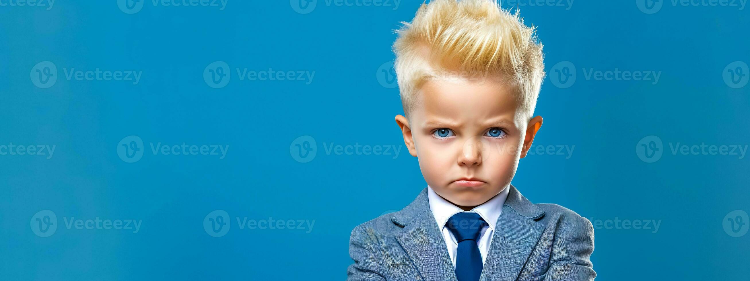 ai généré portrait de en colère et sérieux enfant avec bleu yeux et blond cheveux dans affaires costume, bannière avec copie espace photo