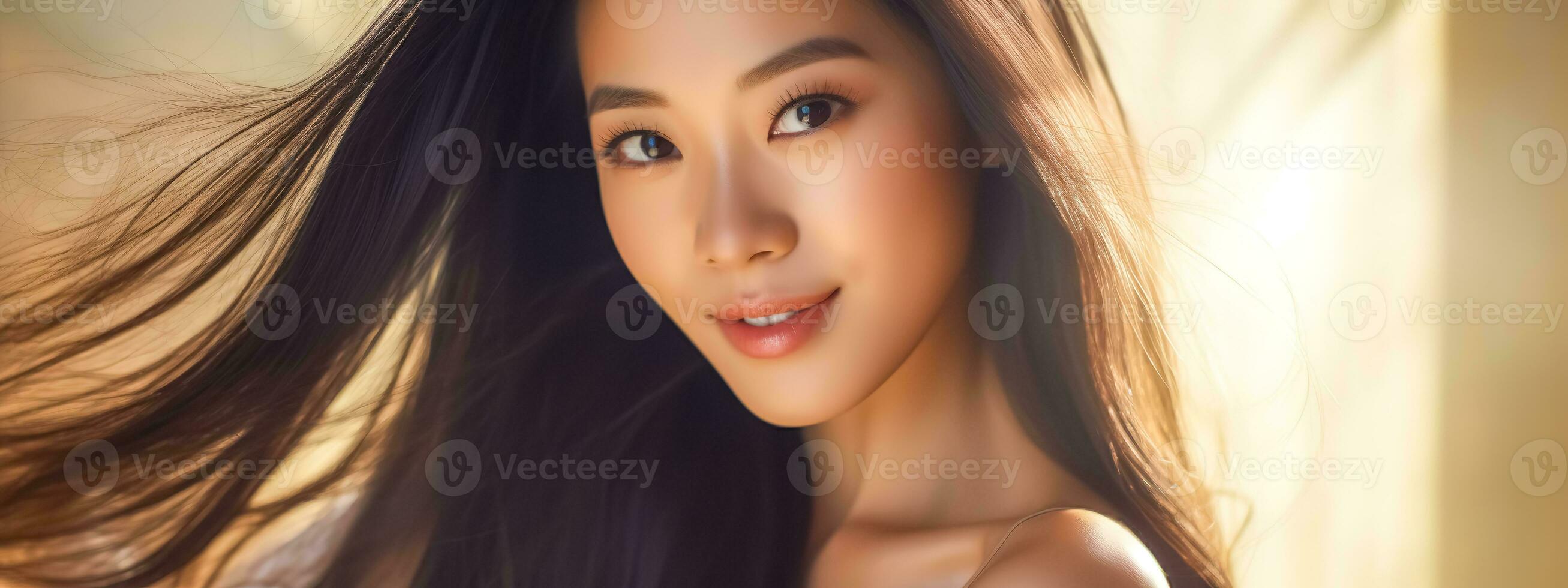 ai généré radiant portrait de un asiatique modèle avec lustré cheveux allumé par le d'or teintes de lumière du soleil. sa regard est doux encore captivant, convoyer tous les deux la grâce et confiance. bannière photo