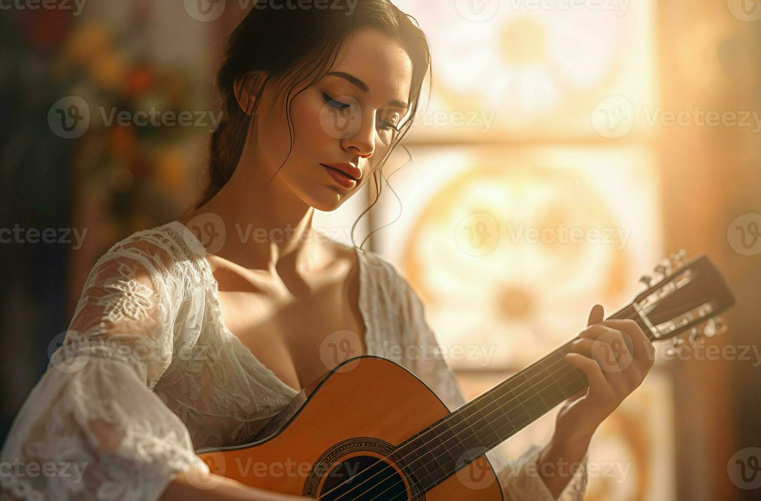 femme dans robe en jouant sur acoustique guitare. produire ai photo