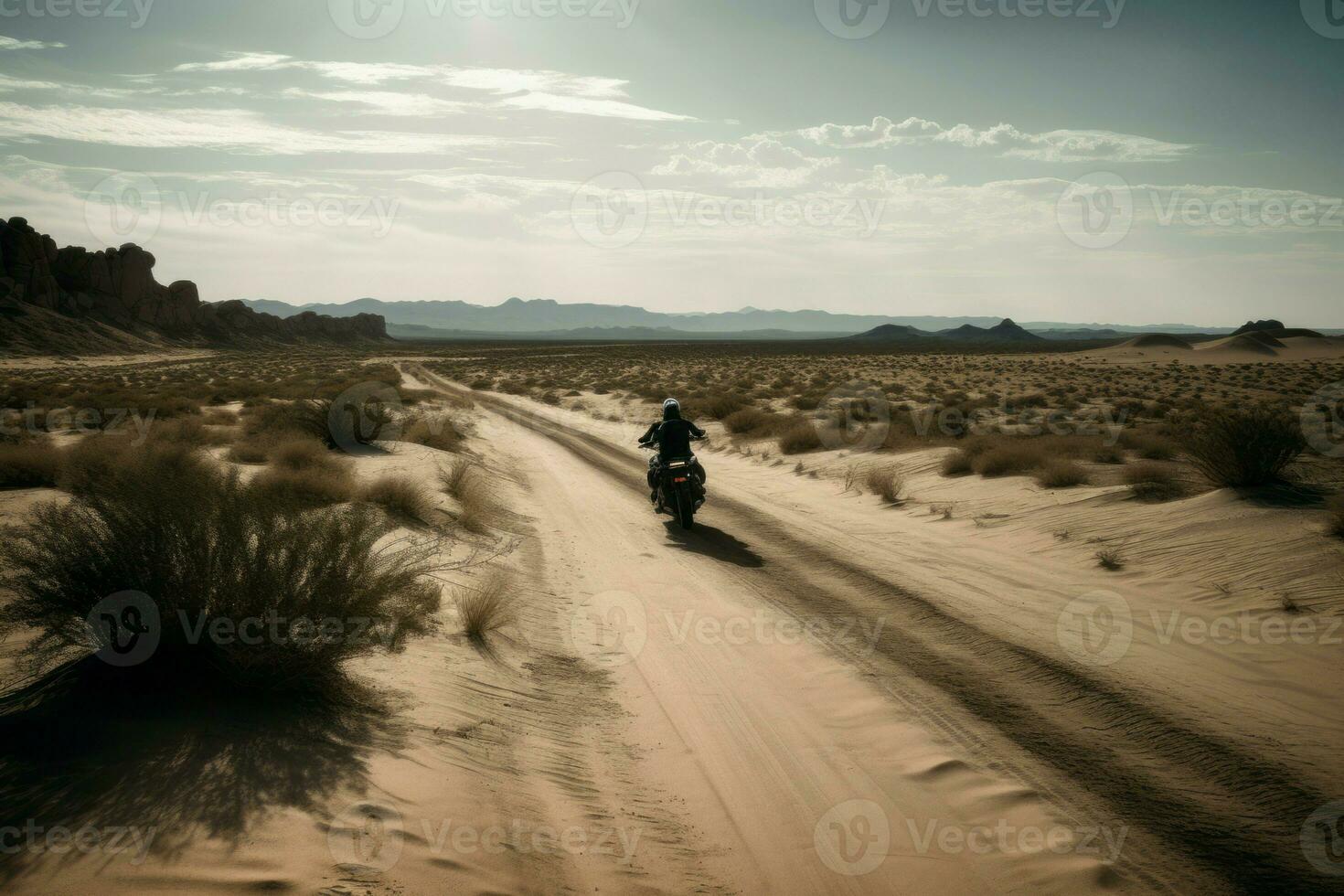 ai généré moto motard équitation dans désert. produire ai photo