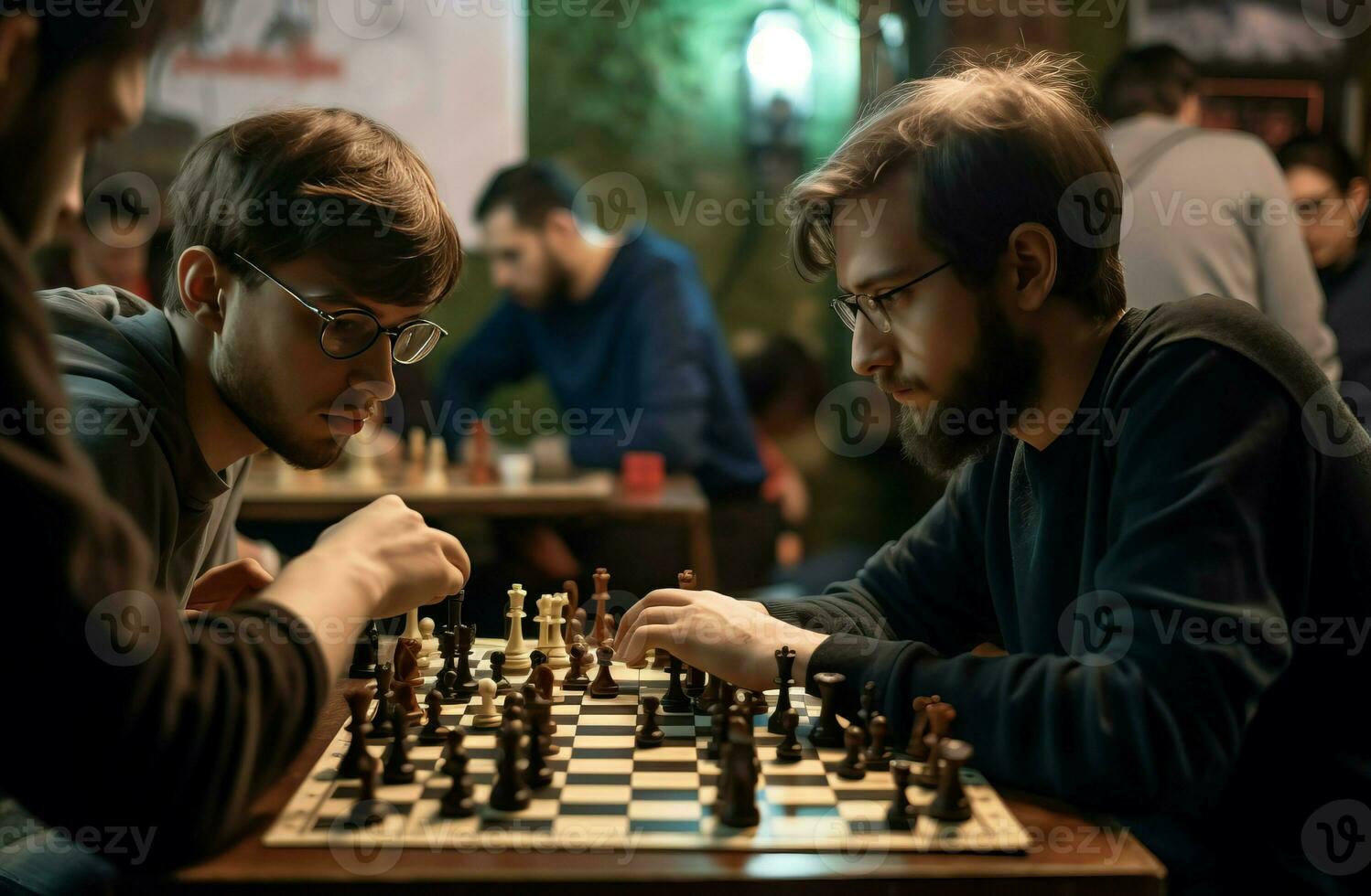 ai généré Hommes en jouant échecs pendant tournoi. produire ai photo