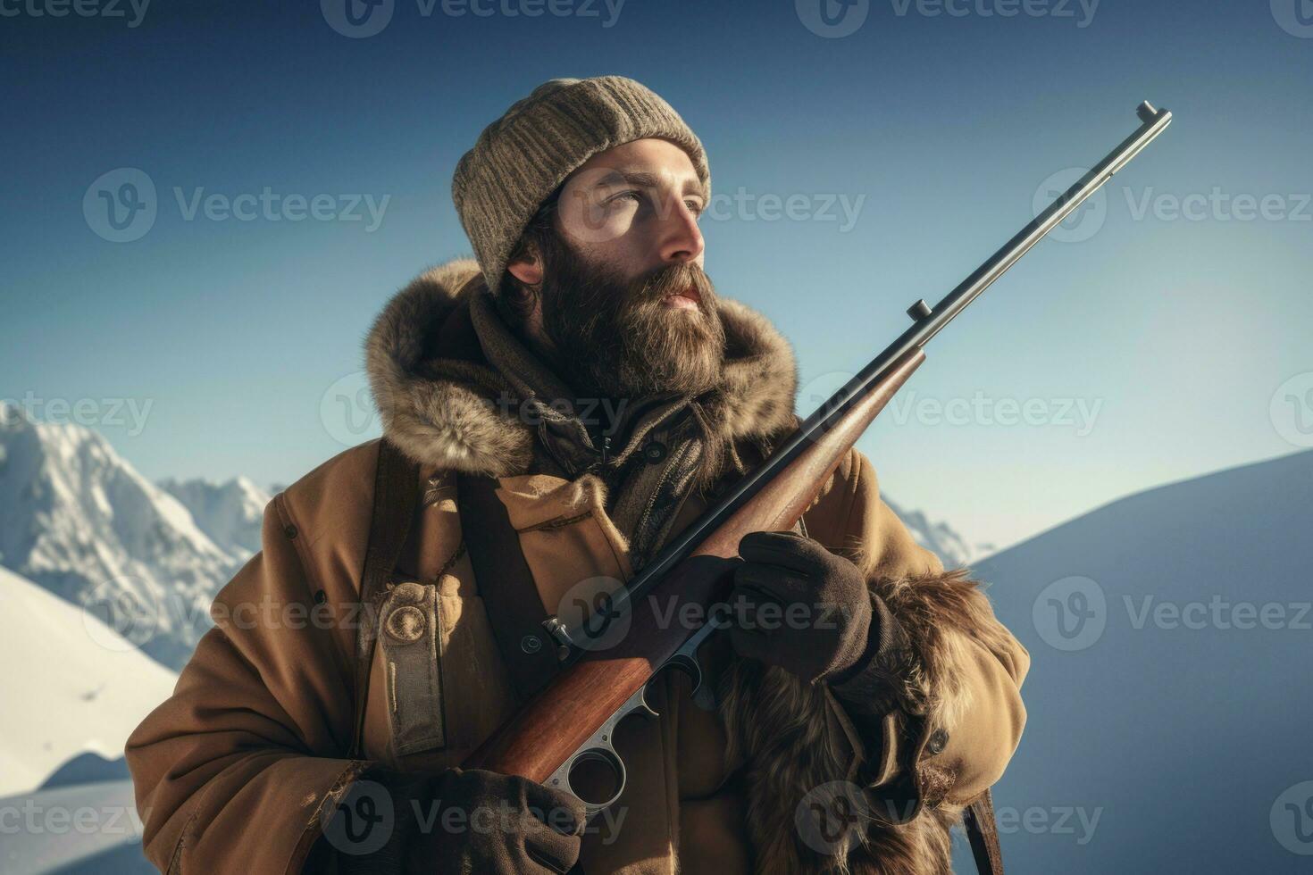 ai généré homme avec riffle dans l'hiver. produire ai photo