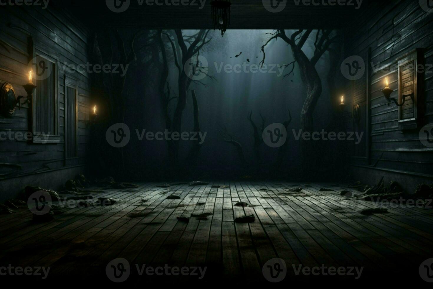 ai généré effrayant scène mystérieux Halloween atmosphère avec effrayant en bois planches toile de fond ai généré photo