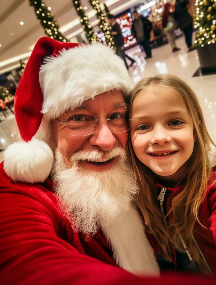 ai généré content enfant rencontrer Père Noël claus sur Noël photo