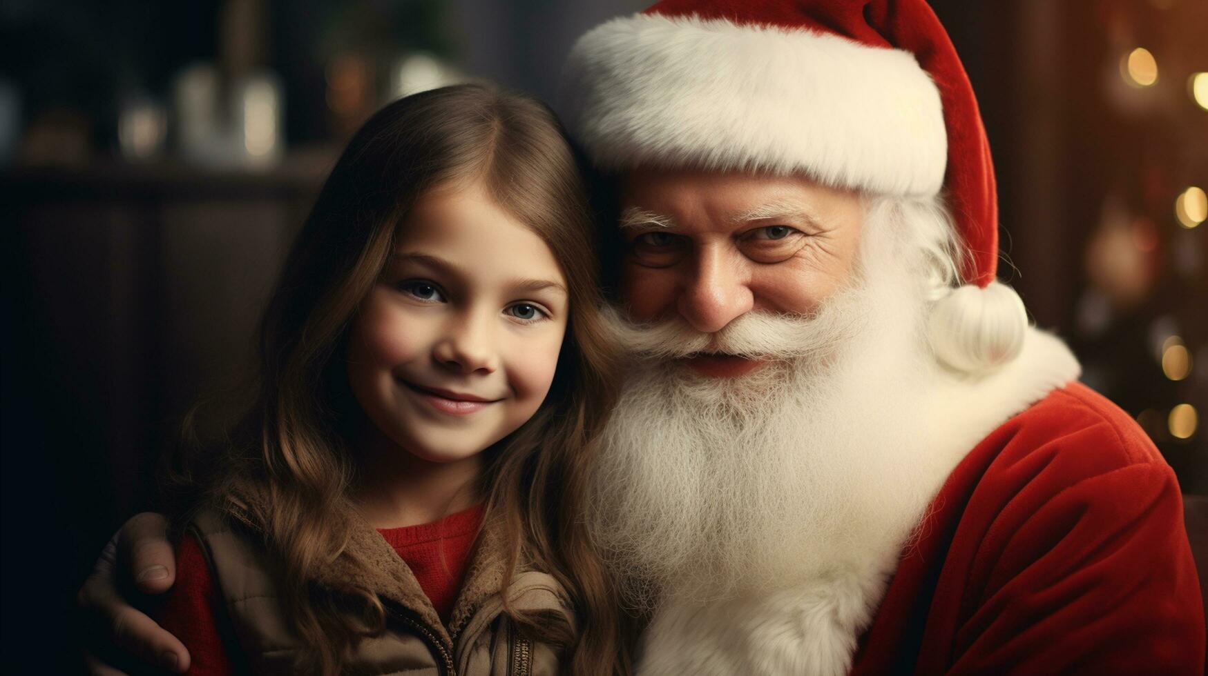 ai généré content enfant rencontrer Père Noël claus sur Noël photo