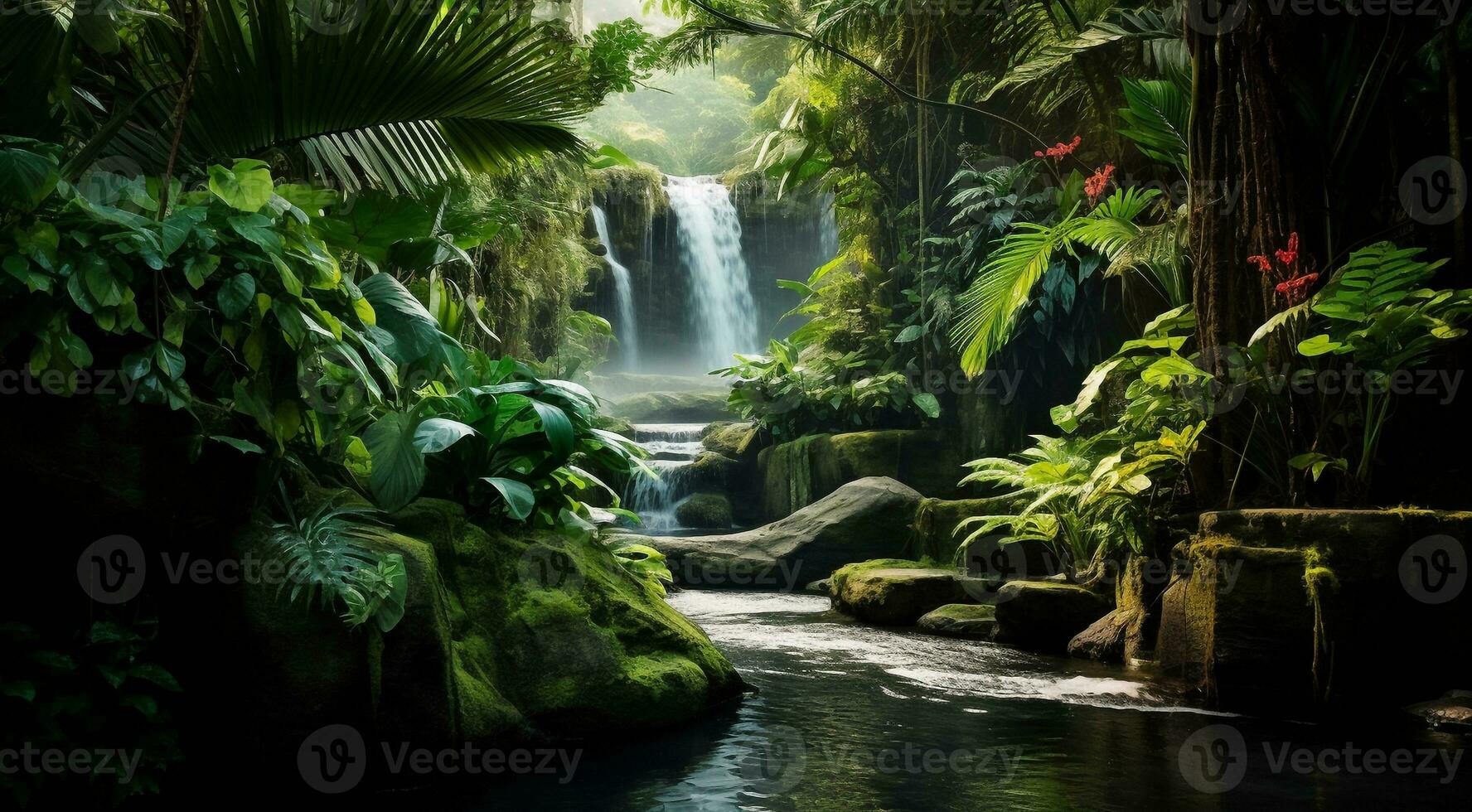 ai généré cascade dans forêt, cascade dans le jungle, tropical paysage dans le jungle, les plantes et vert des arbres dans le jungle, cascade avec Lac dans le forêt photo