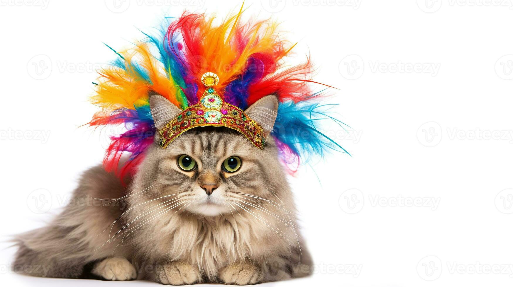 ai généré coloré fête chat dans de fête plume coiffure et bijou tiare sur blanc Contexte - parfait pour anniversaire cartes et humoristique animal de compagnie portraits photo