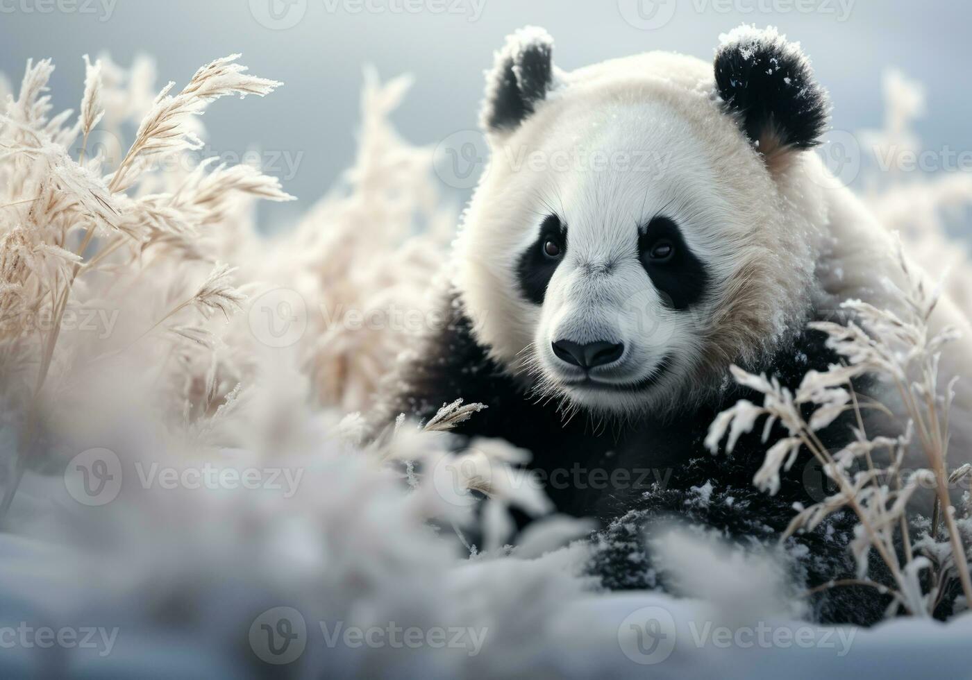ai généré gros Panda dans le couvert de neige prairie. neigeux l'hiver. photo