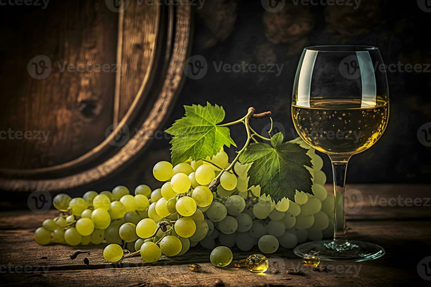 ai généré verre de sec blanc du vin mûr les raisins et verre sur table dans vignoble. neural réseau ai généré photo