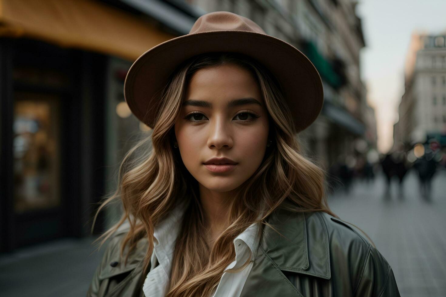 ai généré mode. Jeune élégant femme en marchant sur le ville rue à la recherche de côté curieuse photo