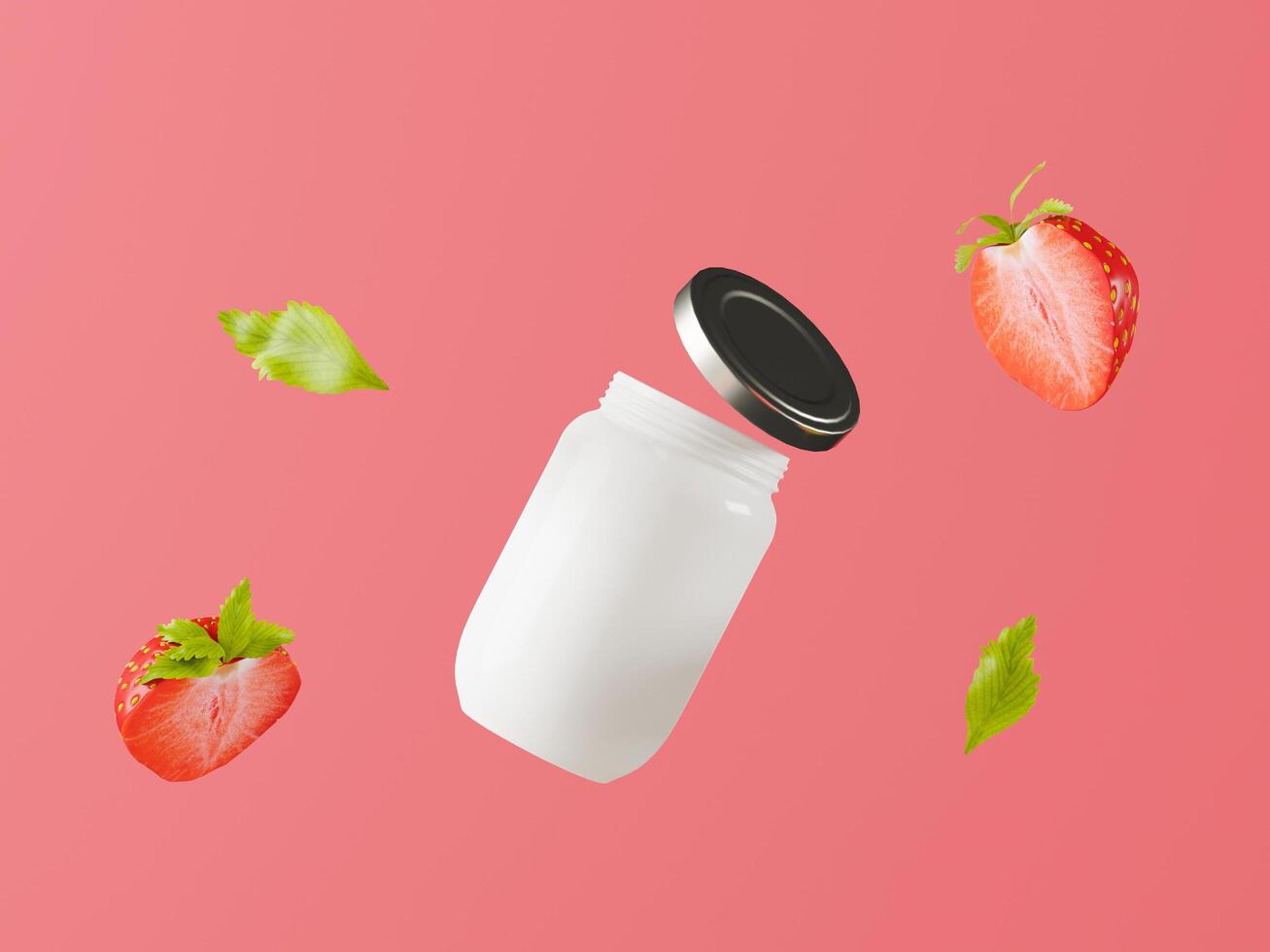 une bouteille utilisée pour contenir du jus de fraise avec des fraises. photo