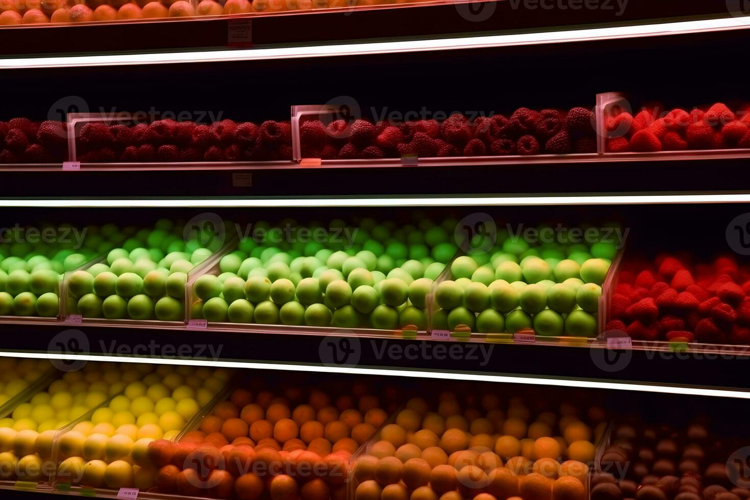 ai généré supermarché des légumes vitrine avec différent des fruits et des légumes. neural réseau ai généré photo