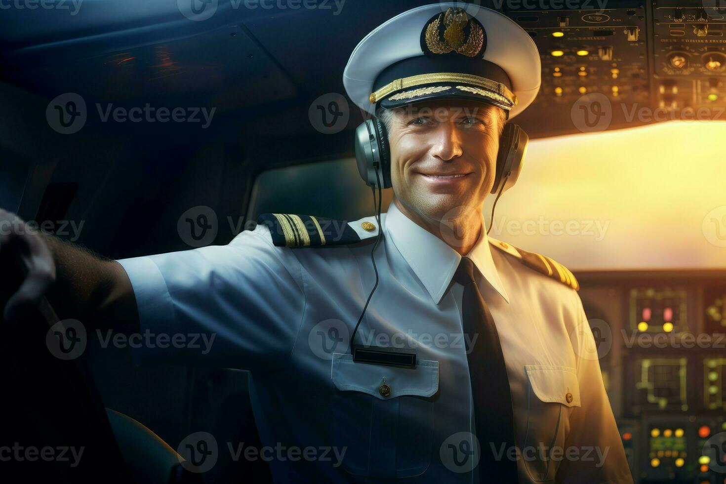 ai généré faisant autorité Masculin capitaine avion à le coucher du soleil. produire ai photo
