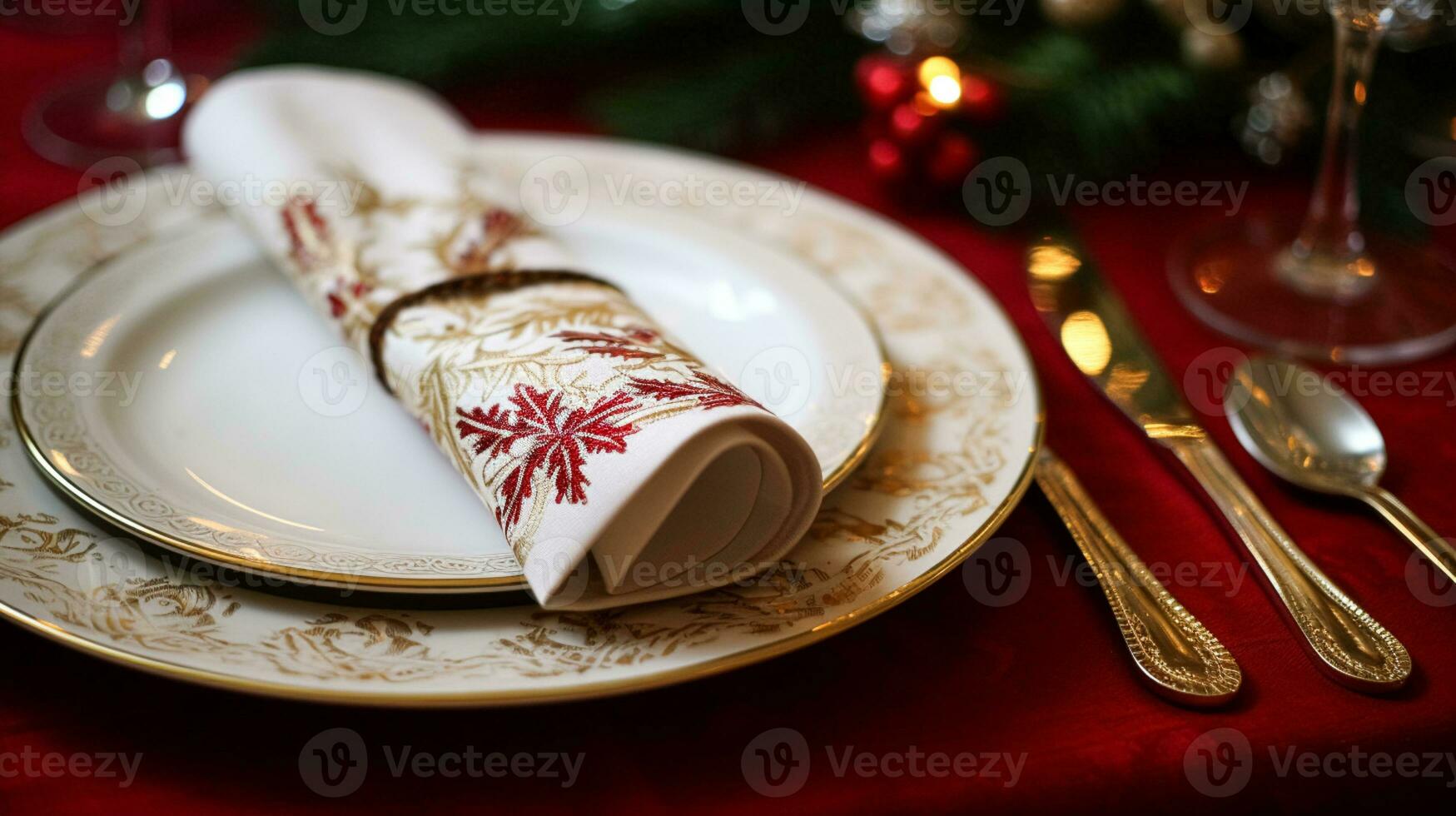 ai généré table décor, vacances paysage de table et formel dîner table réglage pour Noël, vacances et un événement fête, Anglais pays décoration et Accueil coiffant photo