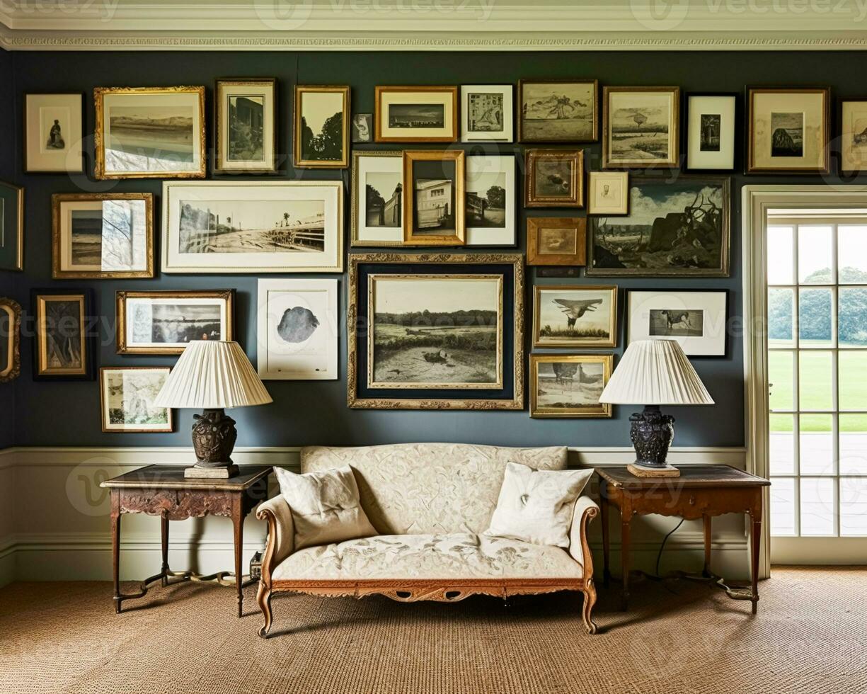 ai généré chalet Galerie mur, mur art, Accueil décor et encadré art dans le Anglais pays maison intérieur avec antique meubles, pièce pour DIY imprimable ouvrages d'art maquette et impression magasin photo