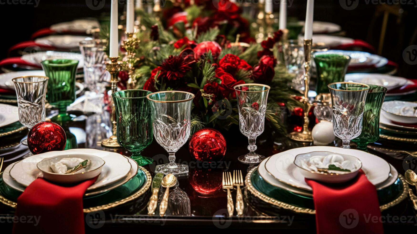 ai généré Noël à le manoir, vacances paysage de table et dîner table paramètre, Anglais campagne décoration et intérieur décor photo