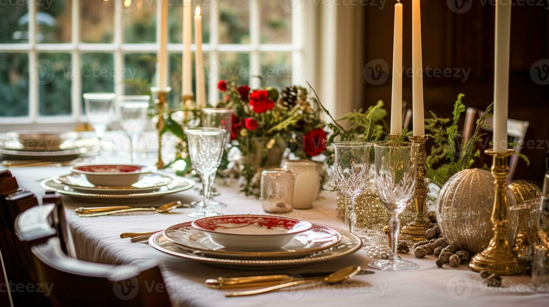 ai généré Noël table décor, vacances paysage de table et dîner table paramètre, formel un événement décoration pour Nouveau année, famille fête, Anglais pays et Accueil coiffant photo