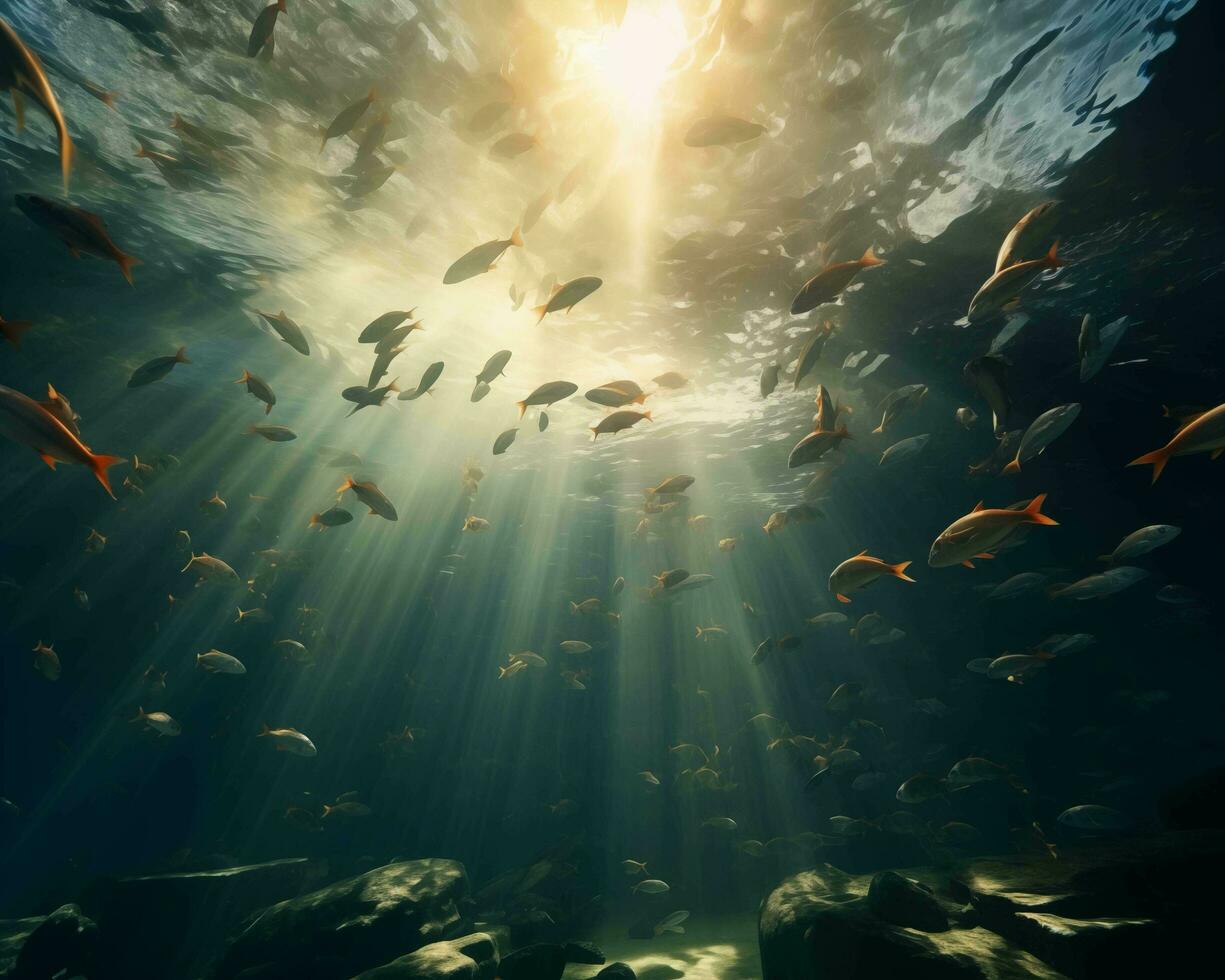 ai généré sous-marin scène avec des poissons et des rayons de lumière. 3d le rendu photo