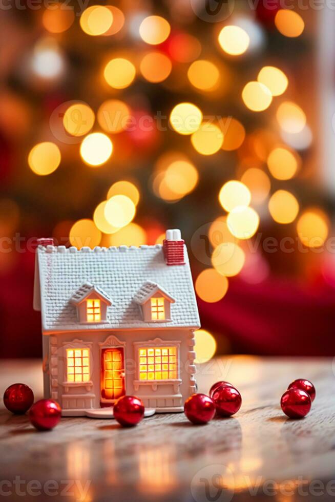 ai généré Noël jouet chalet, vacances temps, pays style décor et confortable atmosphère dans le Anglais campagne maison avec Noël arbre et cheminée sur arrière-plan, hiver vacances photo