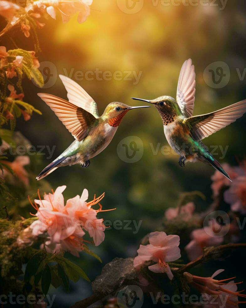 ai généré colibri séance sur une branche de une épanouissement Sakura photo