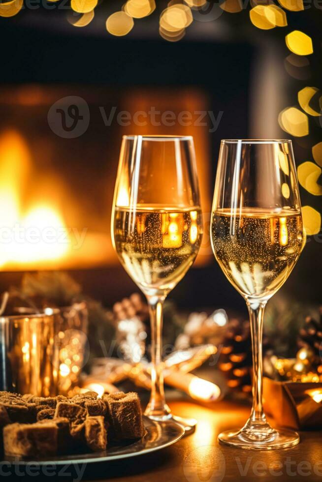 ai généré pétillant vin, prosecco ou Champagne dans de face de une cheminée sur une vacances veille fête, joyeux Noël, content Nouveau année et content vacances photo