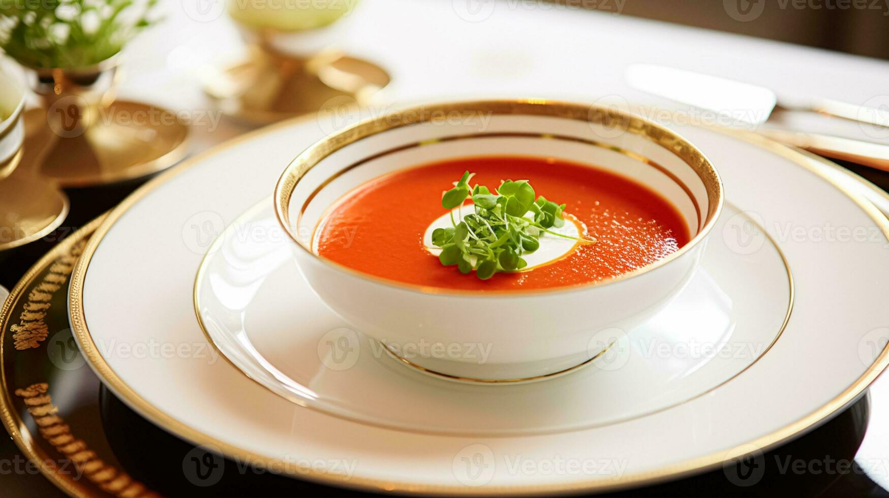 ai généré tomate crème soupe dans une restaurant, Anglais campagne exquis cuisine menu, culinaire art nourriture et bien à manger photo