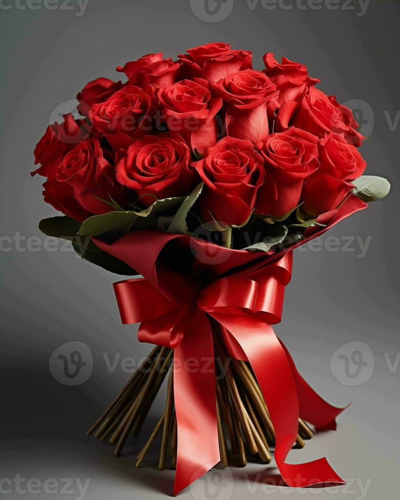 ai généré rouge des roses bouquet avec une arc dans noir Contexte photo
