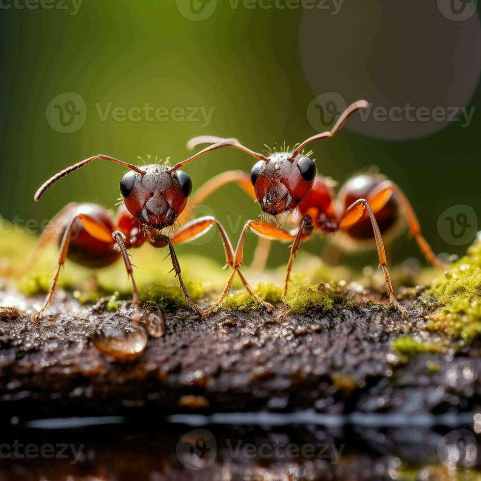 ai généré rouge fourmi sur le arbre. macro. peu profond profondeur de champ. photo