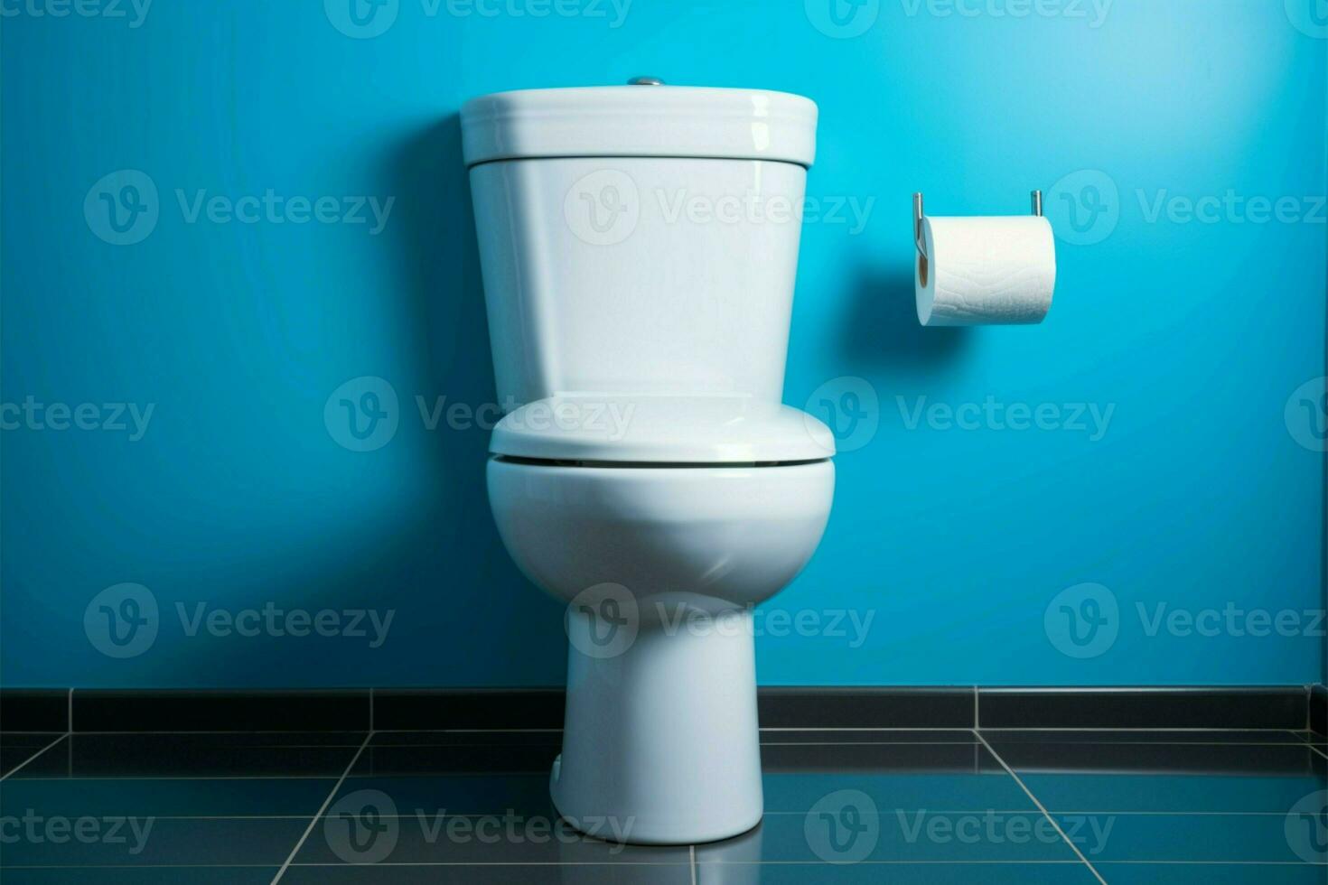 ai généré blanc céramique toilette contre une bleu mur formes une nettoyer et rafraîchissant salle de bains photo