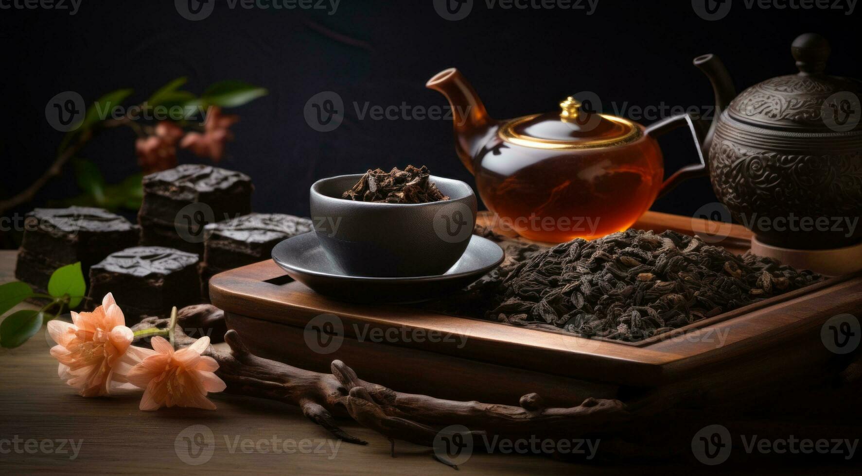 ai généré théière, tasse à thé et comprimé noir pu euh thé avec riche, terreux tons et textures création une sens de histoire. Japonais thé en buvant traditions. pour social médias ou blogs mode de vie photo